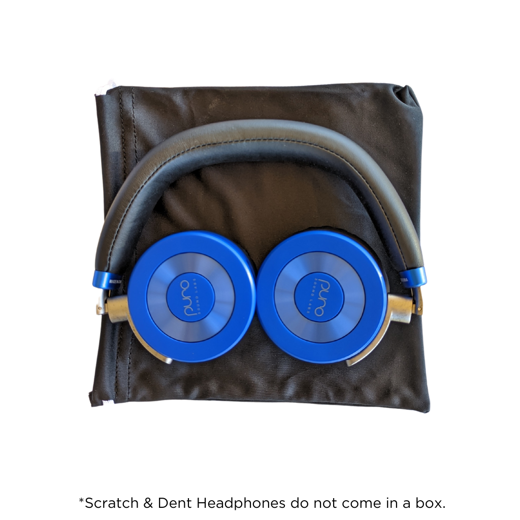 Blue JuniorJams with bag behind, test says Scratch and dent headphones do not come in a box