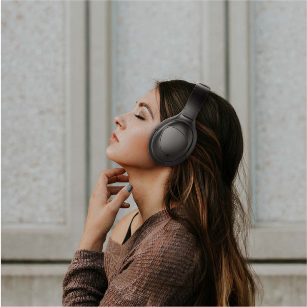 Woman with eyes closed head tilted up wearing PuroPro Headphones